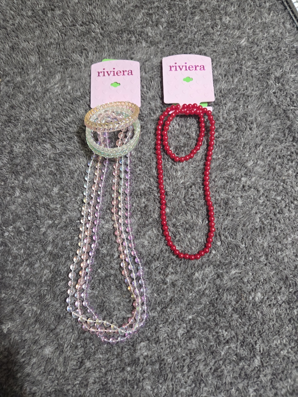 Riviera Iridescent Pink Multi-Strand Necklace & Bright Red Beaded Necklace Sets